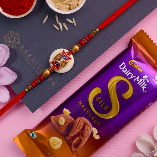 Elegant Kundan Rakhi N Cadbury Silk Hazelnut Combo